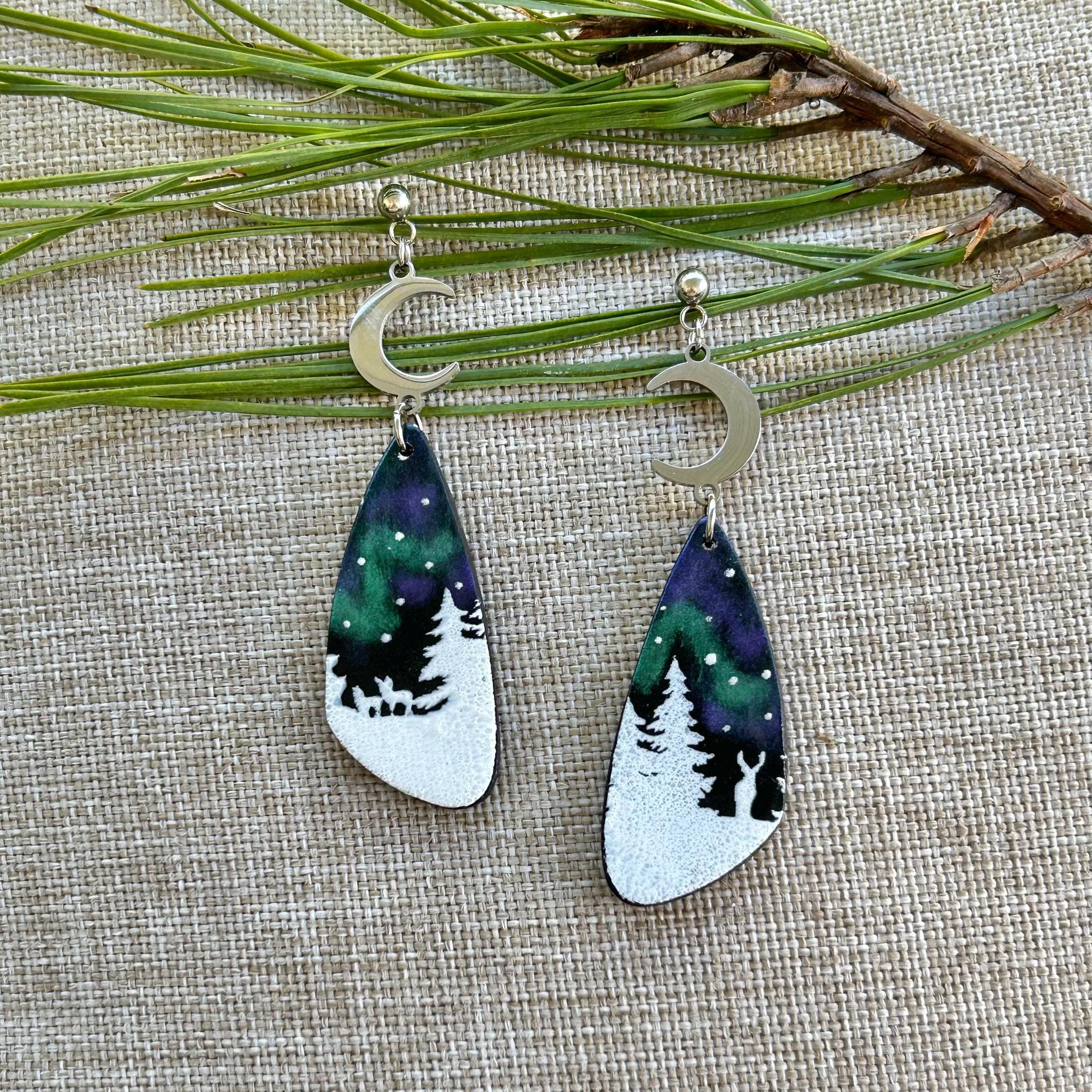 Northern Lights Winter Deer Dangle Earrings, Aurora Borealis Earrings, Holiday Earrings, Crescent Moon Earrings, Polymer Clay Earrings