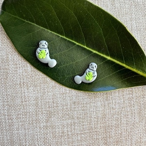 Handmade Manatee Stud Earrings: Polymer Clay Sea Life with Monstera Leaf Accent