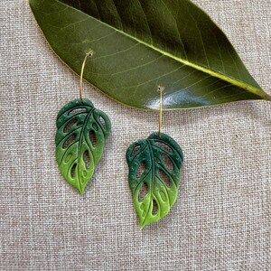 Monstera Leaf Hoop Earrings, Tropical Earrings, Summer Earrings, Plant Earrings, Vacation Earrings, Handmade, Lightweight, Polymer Earrings