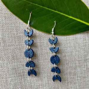 Moon Phase Dangle (Navy Sparkle; Large) - Handmade, Lightweight, Polymer Clay Earrings