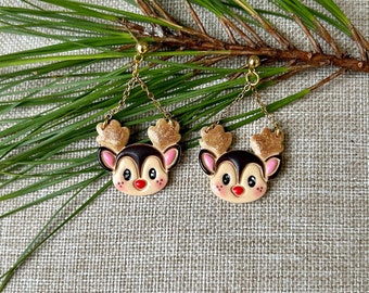 Cute Reindeer Dangle Earrings, Rudolph Earrings, Christmas Earrings |Handmade, Polymer Clay Earrings (Brown, Bronze, Red; Stainless steel)
