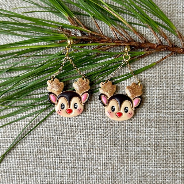 Cute Reindeer Dangle Earrings, Rudolph Earrings, Christmas Earrings |Handmade, Polymer Clay Earrings (Brown, Bronze, Red; Stainless steel)