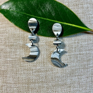 Stone Moon Earrings | Handmade, Lightweight, Polymer Clay Earrings | (Grey/Black/White; Crescent, Teardrop)