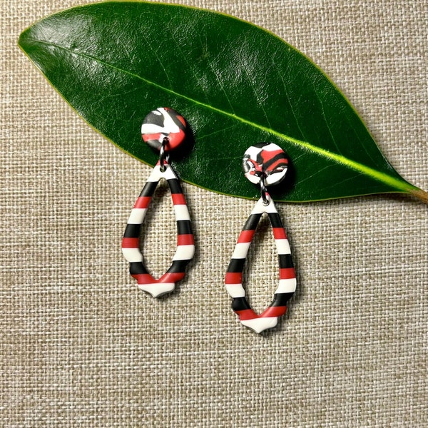 Elegant Loops (Red/Black/White stripe; Teardrop, Circle) - Handmade, Lightweight, Polymer Clay Earrings