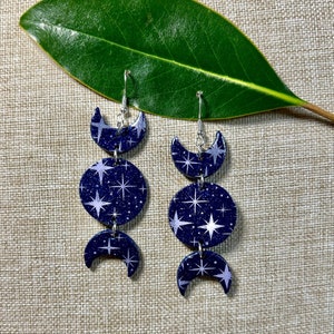 Starlight Goddess Moon Earrings | Handmade, Lightweight, Polymer Clay Earrings | (Navy Blue Sparkle/Lavender; Crescent, Circles)