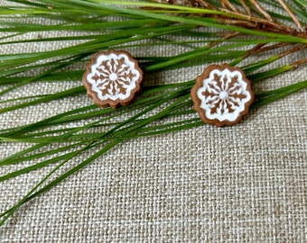 Snowflake Gingerbread Cookie Stud Earrings, Christmas Cookie Earrings | Handmade, Polymer Clay Earrings (Brown, White; Circle Studs)