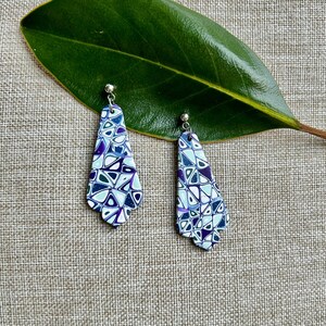 Triangle Patterned Dangle Earrings, Handmade, Lightweight, Polymer Clay Earrings (Navy Sparkle, Purple, Mint; Teardrop Dangle)