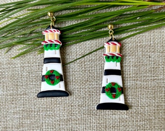 Christmas Lighthouse Dangle Earrings, Nautical Holiday Earrings, Lighthouse Jewelry, Stocking Stuffer, Handmade Polymer Clay Earrings