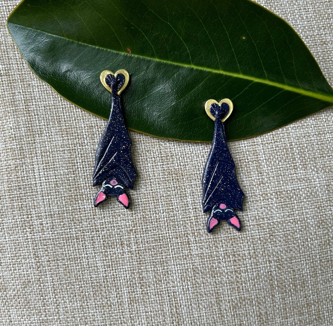Halloween Hanging Bat Earrings Glowinthedark Handmade Etsy