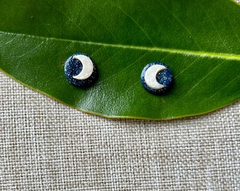 Crescent Moon (Navy Sparkle/White; Button Studs) - Handmade, Lightweight, Polymer Clay Earrings