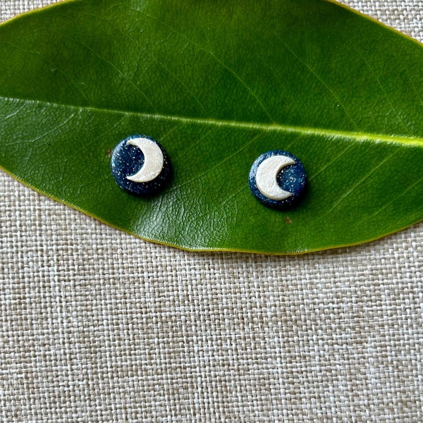 Crescent Moon (Navy Sparkle/White; Button Studs) - Handmade, Lightweight, Polymer Clay Earrings