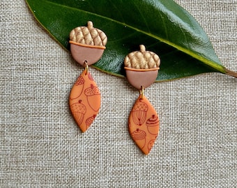 Fall Acorn Earrings, Autumn Earrings, Cute Fall Earrings, (Orange, Bronze, Brown; Acorn, Leaf) Handmade, Polymer Clay Earrings