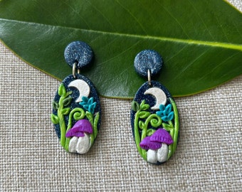 Night Mushrooms (Navy Sparkle/Purple/Green/Turquoise/White; Oval, Circles) - Handmade, Lightweight, Polymer Clay Earrings