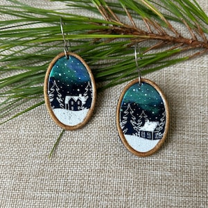 Northern Lights Winter Scene Dangle Earrings | Handmade, Lightweight, Polymer Clay Earrings | (Navy, Shimmer, White; Oval Dangle)