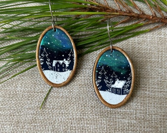Northern Lights Winter Cabin Dangle Earrings, Aurora Borealis Earrings, Holiday Earrings, Handmade Polymer Clay Earrings