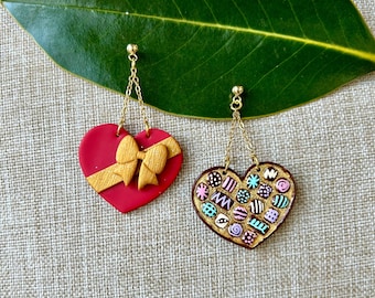 Heart Box of Chocolates Dangle Earrings, Valentine&#39;s Day Gift Earrings, Candy Earrings, Chocolate Earrings, Handmade, Polymer Clay Earrings