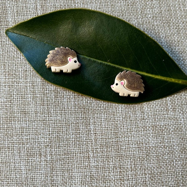 Hedgehog Earrings, Stocking Stuffer Earrings, Cottage Core Earrings | Handmade, Polymer Clay Earrings (Sparkle Brown, Beige; Studs)