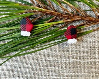 Buffalo Plaid Mitten Stud Earrings, Christmas Earrings, Holiday Earrings | Handmade, Polymer Clay Earrings (Red, Black, White; Mitten Studs)