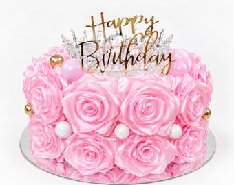 Pink Satin Rose Decorative Cake, Handmade Birthday Gift, Princess Party Decor, Floral Keepsake