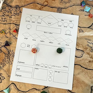 May include: A tabletop game setup with a map, dice, and character cards. The map is a brown parchment with a black ink drawing of a landmass. There are several dice, including a green d20, a red d6, and a purple d20. There are also two character cards with illustrations of people. The text on the character cards reads "Elf" and "Ogre".