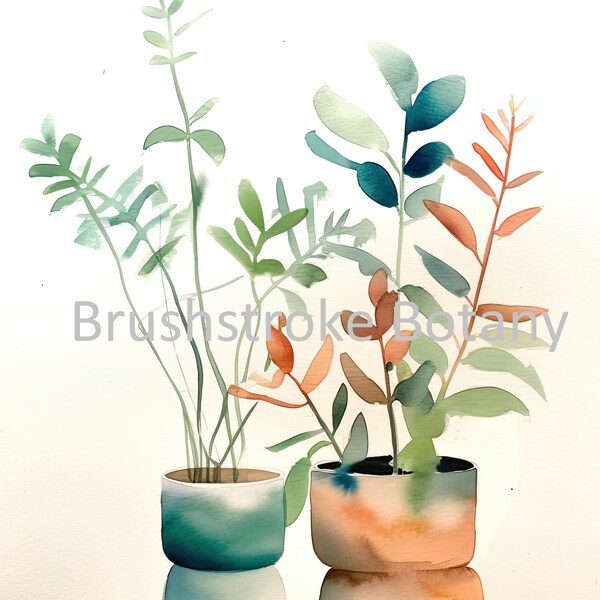 Watercolor houseplants, midcentury modern, minimalist, simple, digital download