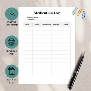 Registro de medicamentos imprimible para personas mayores: seguimiento de medicamentos, registro de dosis, tabla de medicamentos del paciente en formato PDF (descarga instantánea).