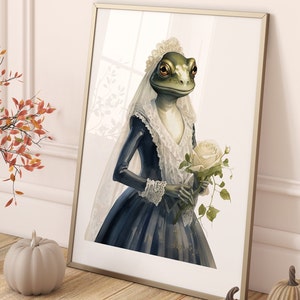 Halloween Frog Bride Witch Wall Art - Vintage Toad Lover Painting - Spooky Season Decor - Digital Download