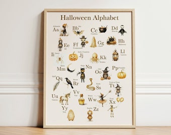 Arte de pared del alfabeto de Halloween - Descarga de decoración de la habitación de los niños de otoño - Imprimibles de guardería espeluznantes - Decoración de Halloween