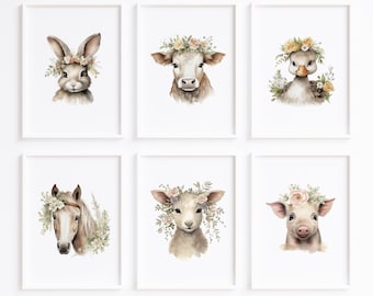 Láminas de acuarela de animales de granja vintage: Decoración infantil (Descarga digital)