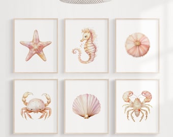 Vivero temático de playa Set 6 impresiones de criaturas marinas Magenta oro rosa océano temática vivero arte bebé vivero surf decoración acuarela