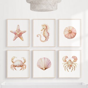 Beach Theme Nursery Set 6 Prints of Sea Creatures Magenta Pink Gold Ocean Themed Nursery Artwork Baby Nursery Surf Decor Watercolor