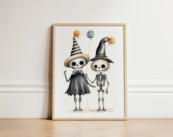 Arte de esqueletos de Halloween con sombreros de bruja: Decoración infantil para habitación infantil (Descarga digital)