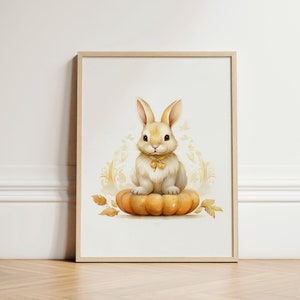 Fall Rabbit Sitting on Pumpkin Halloween Wall Art Kids Wall Decor Digital Download Nursery Wall Art Gift for Kids Nursery Wall Decor