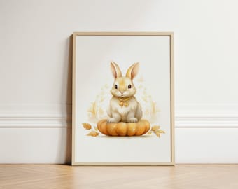 Fall Rabbit Pumpkin Print: Halloween Kids Nursery Wall Art (Digital Download)