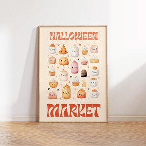 Puede incluir: Un p&oacute;ster imprimible con el texto "Halloween Market" en una fuente retro. El p&oacute;ster presenta una variedad de ilustraciones lindas con tem&aacute;tica de Halloween, que incluyen calabazas, fantasmas y cupcakes, todos con caras sonrientes.