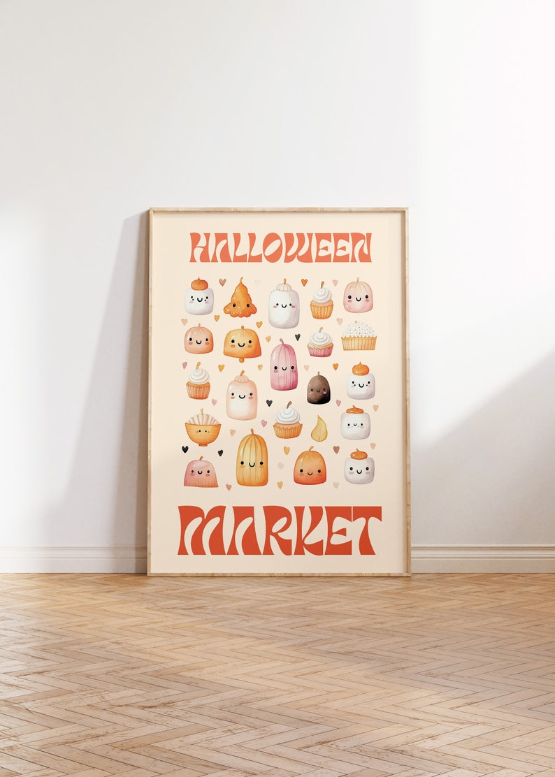 Puede incluir: Un p&oacute;ster imprimible con el texto "Halloween Market" en una fuente retro. El p&oacute;ster presenta una variedad de ilustraciones lindas con tem&aacute;tica de Halloween, que incluyen calabazas, fantasmas y cupcakes, todos con caras sonrientes.