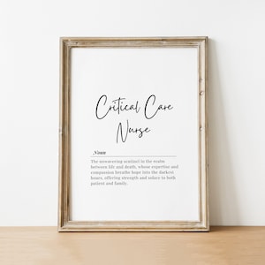 May include: Framed print with the words "Critical Care Nurse" in elegant script. Below, a definition describes the role of a critical care nurse. The frame is a light brown color, and the background is white.