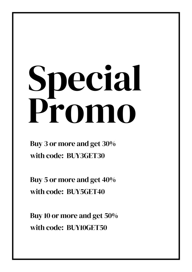 May include: Black and white text on a white background with a black border. The text reads "Special Promo" and lists discounts for buying 3, 5, or 10 or more items with corresponding discount codes: BUY3GET30, BUY5GET40, and BUY10GET50.