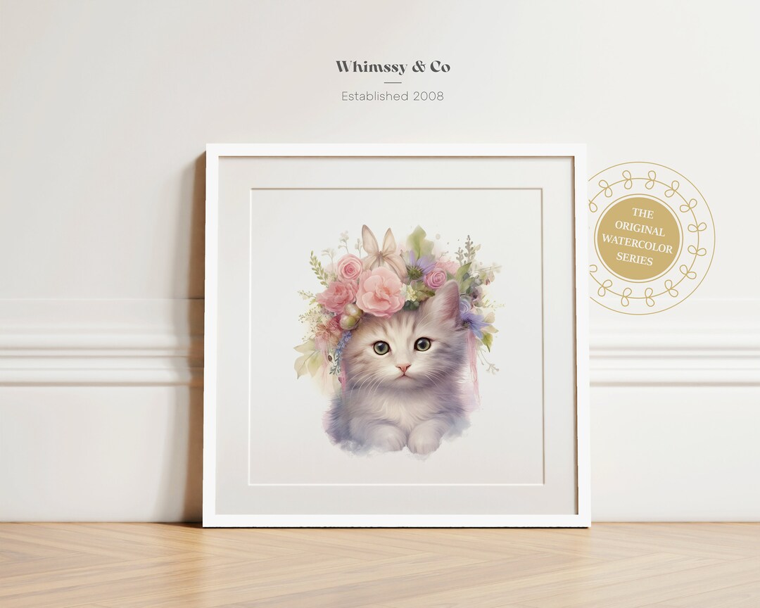 Watercolor Kitten Print: Floral Crown Cat - Nursery Wall Art (digital ...