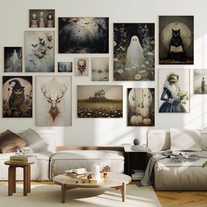 May include: A living room interior with a white wall featuring a gallery wall of framed artwork. The artwork includes a variety of themes, including animals, nature, and fantasy. The room is decorated with a brown couch, a coffee table, and a side table.