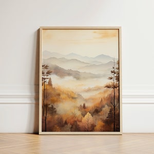 May include: A watercolor painting of a misty mountain landscape with a forest in the foreground. The painting is in shades of brown, orange, and yellow, with a hint of blue in the sky.