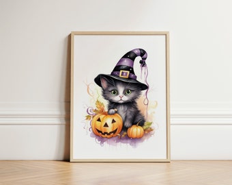 Halloween Cat Witch Art Print: Spooky Kids Room Decor (Digital Download)