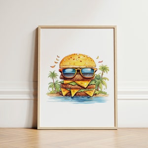 Burger Day Cheeseburger Delight Patriotic Watercolor Wall Art Instant Download Burger Surf Beach National Cheeseburger Day