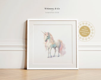 Mädchen-Kinderzimmer-Einhorn-Druck, Baby-Mädchen-Kinderzimmer, mythologische Einhorn-Kunst, florales, skurriles Kinderzimmer-Dekor, Einhorn-Wandkunst, Aquarell