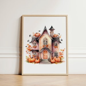 Pink Pumpkin House Halloween Print: Kids Room Decor (Digital Download)