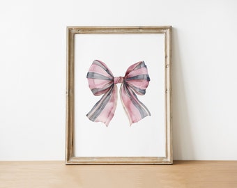 Watercolor Bow Art Print, Feminine Wall Decor, Printable Pink Bow Illustration,Preppy aesthetic wall art teen room decor