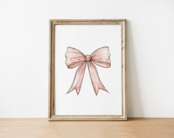 Elegant Pink Bow Art Print, Digital Download Wall Decor, Vintage-Inspired Ribbon Illustration,Preppy Aesthetic Teen Room, Nursery Decor Girl