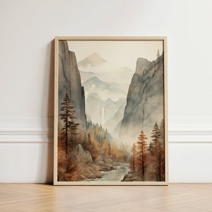 May include: A watercolor painting of a mountain landscape with a waterfall and a river flowing through the valley. The mountains are gray and the trees are brown and green. The sky is a light blue with white clouds.
