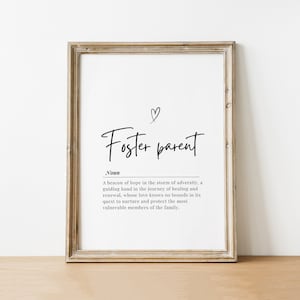 May include: A printable definition of the word "foster parent" in a black and white minimalist style. The definition reads: "A beacon of hope in the storm of adversity, a guiding hand in the journey of healing and renewal, whose love knows no bounds in its quest to nurture and protect the most vulnerable members of the family."