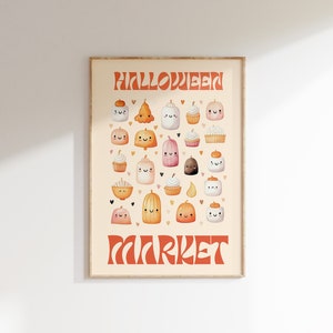 Puede incluir: Una impresi&oacute;n digital con un dise&ntilde;o retro que presenta el texto "Halloween Market" en naranja y blanco. La impresi&oacute;n est&aacute; llena de lindas ilustraciones de calabazas, cupcakes y malvaviscos con caras felices.